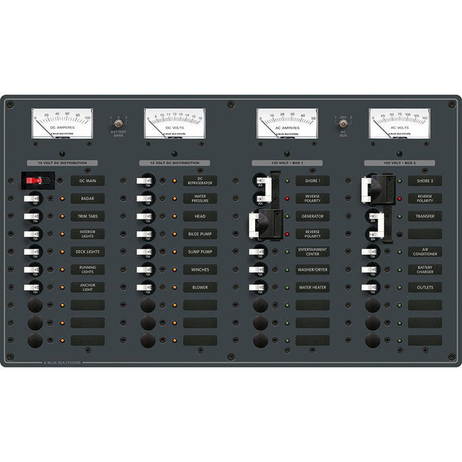 Blue Sea 8086 AC 3 Sources +12 Positions/DC Main +19 Position Toggle Circuit Breaker Panel - White Switches [8086] - Rough Seas Marine