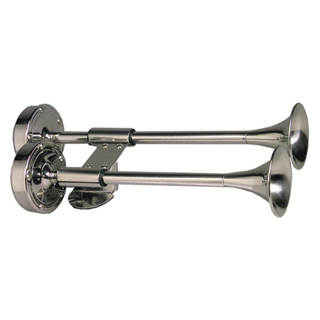 Schmitt  Ongaro Deluxe All-Stainless Shorty Dual Trumpet Horn - 12V [10012] - Rough Seas Marine