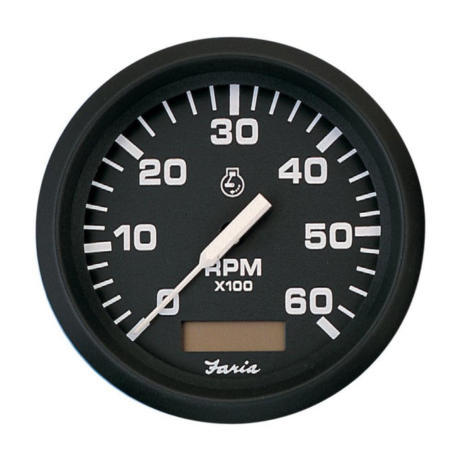 Faria Euro Black 4" Tachometer w/Hourmeter - 6,000 RPM (Gas - Inboard) [32832] - Rough Seas Marine