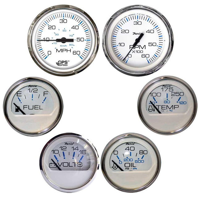 Faria Chesapeake White w/Stainless Steel Bezel Boxed Set of 6 - Speed, Tach, Fuel Level, Voltmeter, Water Temperature  Oil PSI - Inboard Motors [KTF063] - Rough Seas Marine