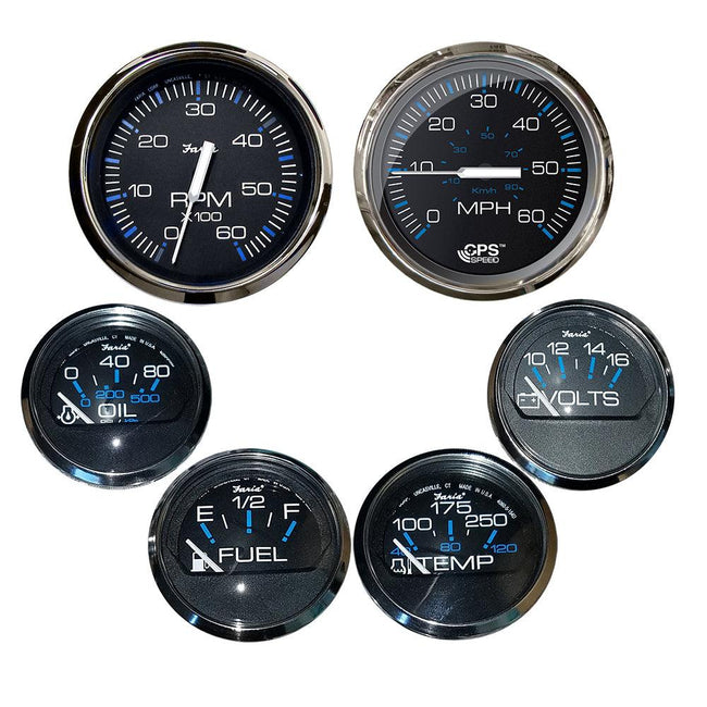 Faria Chesapeake Black w/Stainless Steel Bezel Boxed Set of 6 - Speed, Tach, Fuel Level, Voltmeter, Water Temperature  Oil PSI - Inboard Motors [KTF064] - Rough Seas Marine