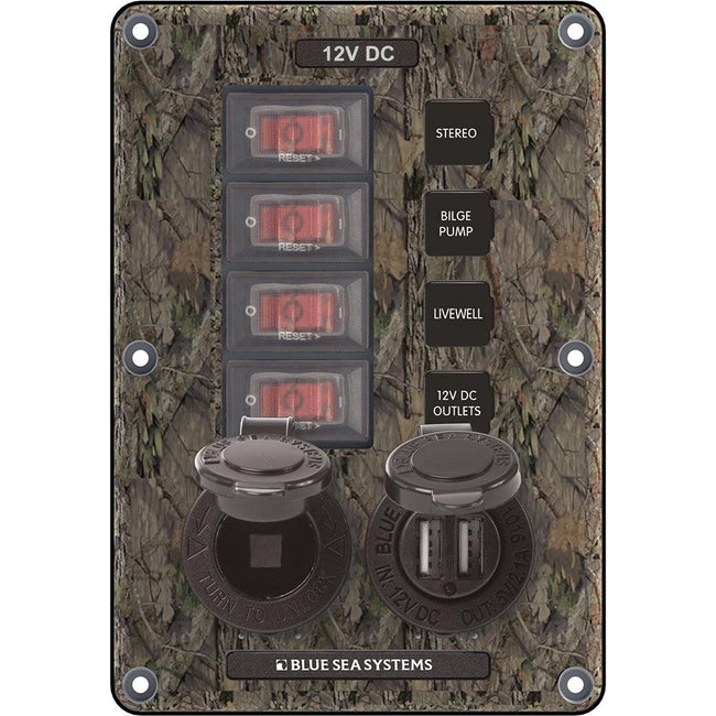 Blue Sea 4324 Circuit Breaker Switch Panel 4 Postion - Camo w/12V Socket  Dual USB [4324] - Rough Seas Marine