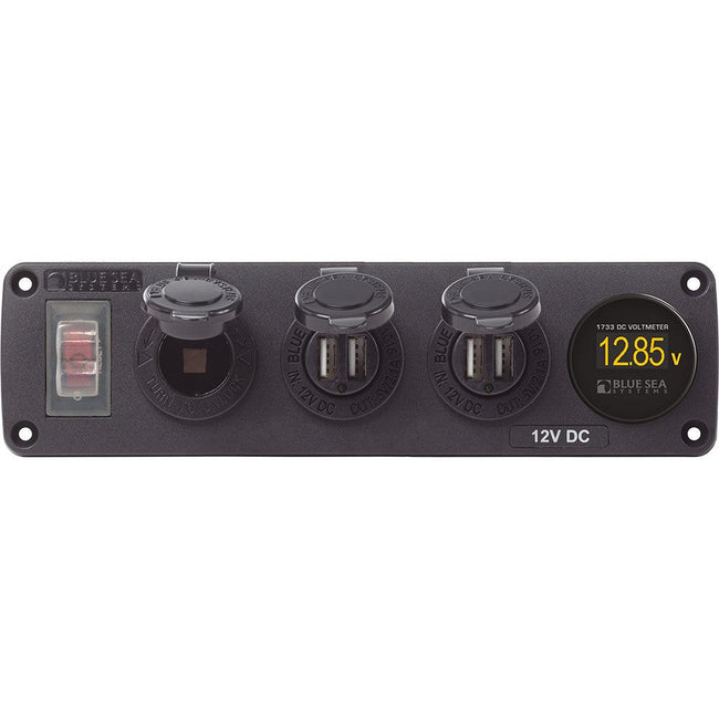 Blue Sea 4368 Water Resistant USB Accessory Panel - 12V Socket, 2x 2.1A Dual USB Chargers, Mini Voltmeter [4368] - Rough Seas Marine