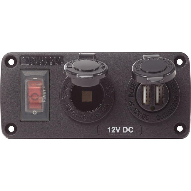 Blue Sea 4363 Water Resistant USB Accessory Panels - 15A Circuit Breaker, 12V Socket, 2.1A Dual USB Charger [4363] - Rough Seas Marine