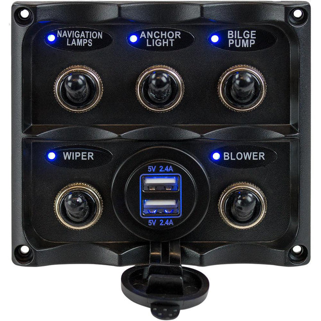 Sea-Dog Water Resistant Toggle Switch Panel w/USB Power Socket - 5 Toggle [424617-1] - Rough Seas Marine