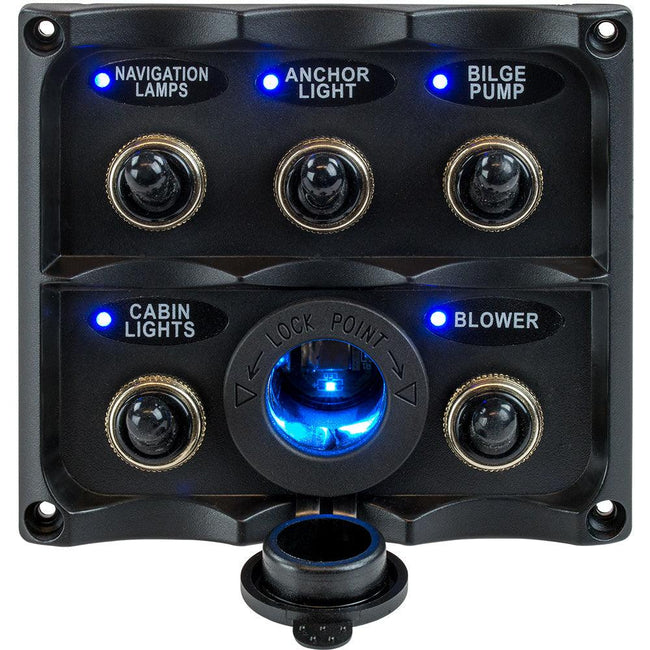 Sea-Dog Water Resistant Toggle Switch Panel w/LED Power Socket - 5 Toggle [424627-1] - Rough Seas Marine