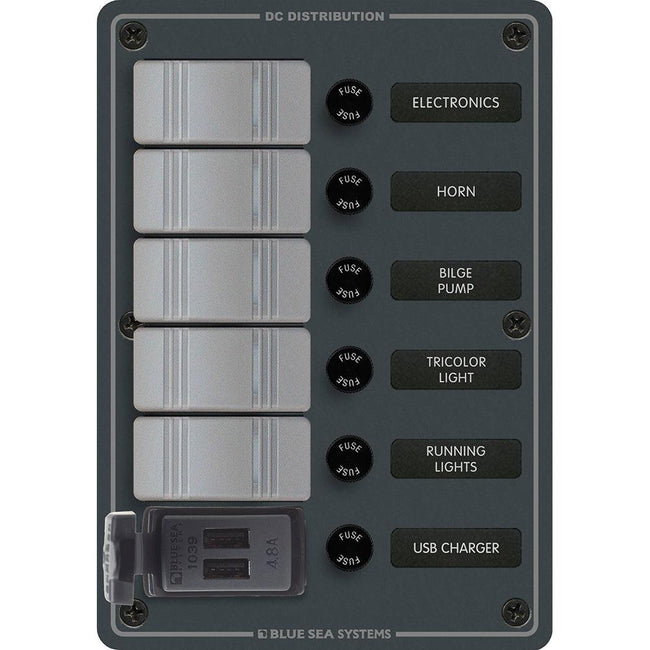 Blue Sea 8121 - 5 Position Contura Switch Panel w/Dual USB Chargers - 12/24V DC - Black [8121] - Rough Seas Marine