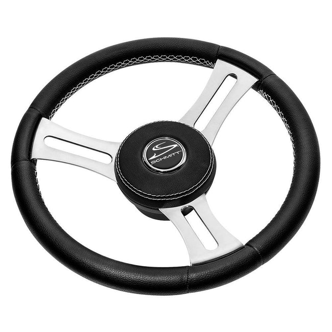 Schmitt Marine Torcello Elite 14" Wheel - Black Leather  Cap - White Stitching - Polished SS Spokes - 3/4" Tapered Shaft [PU085241] - Rough Seas Marine