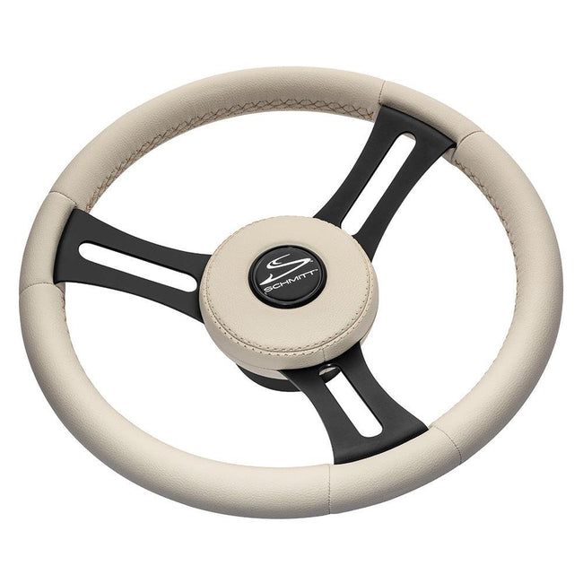 Schmitt Marine Torcello Elite 14" Wheel - Beige Leather  Cap - White Stitching - Black SS Spokes - 3/4" Tapered Shaft [PU081B11] - Rough Seas Marine