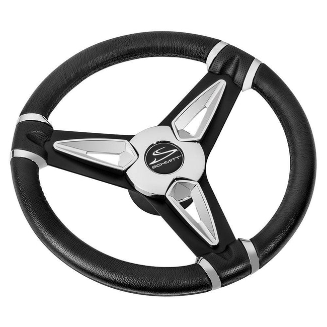 Schmitt Marine PU50 14" Wheel - Chrome Cap  Spoke Inserts - Black Spokes - 3/4" Tapered Shaft [PU501404] - Rough Seas Marine